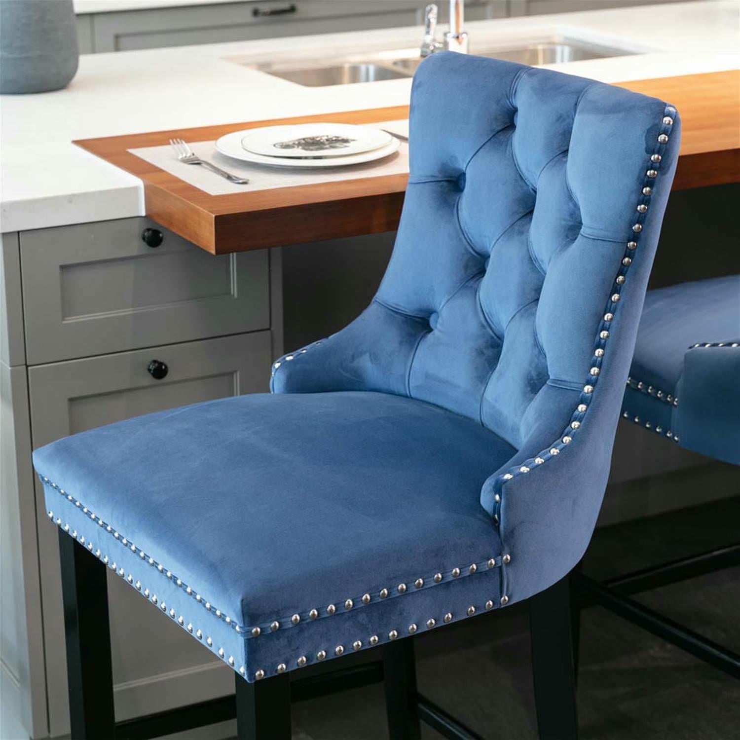 Demi Bonn 40" Counter Height Bar Stools Set of 2, Velvet Upholstered Barstools with Back, Kitchen Island Countertop Chairs for Dining Room, Blue