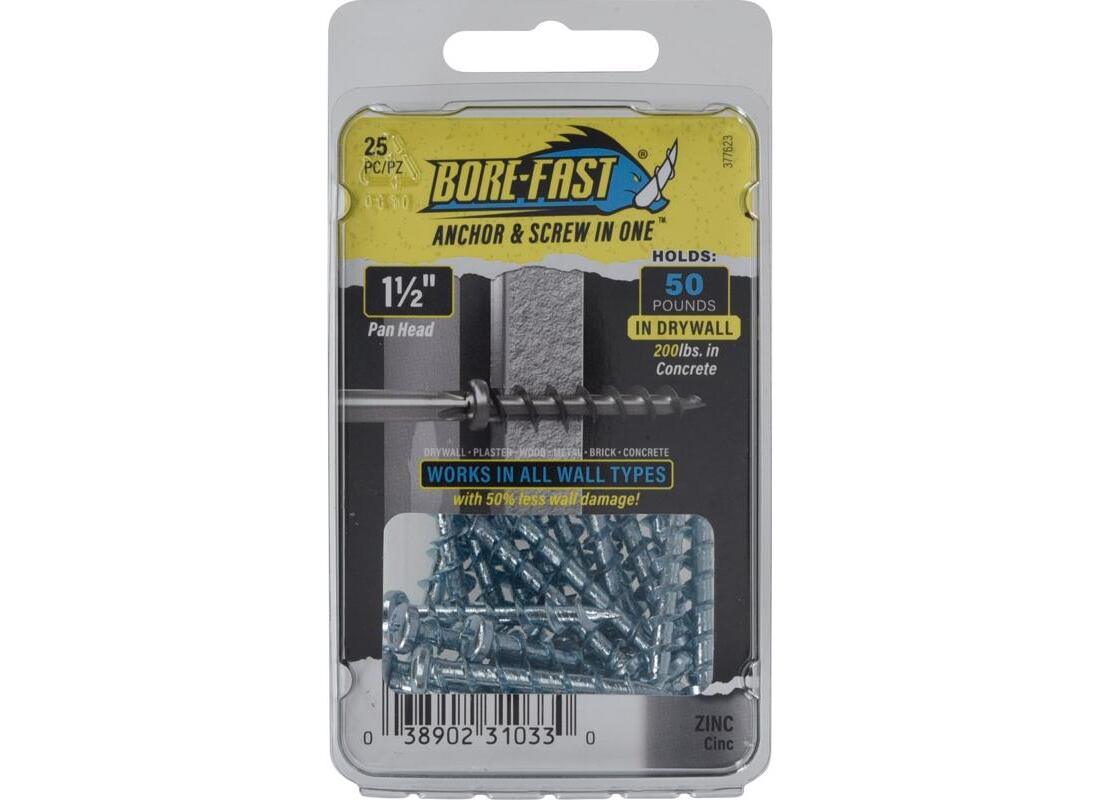 Borefast 5037080 0.18 x 1.5 in. Steel Pan Head Screw & Anchor, Silver - 25 Piece - Pack of 5