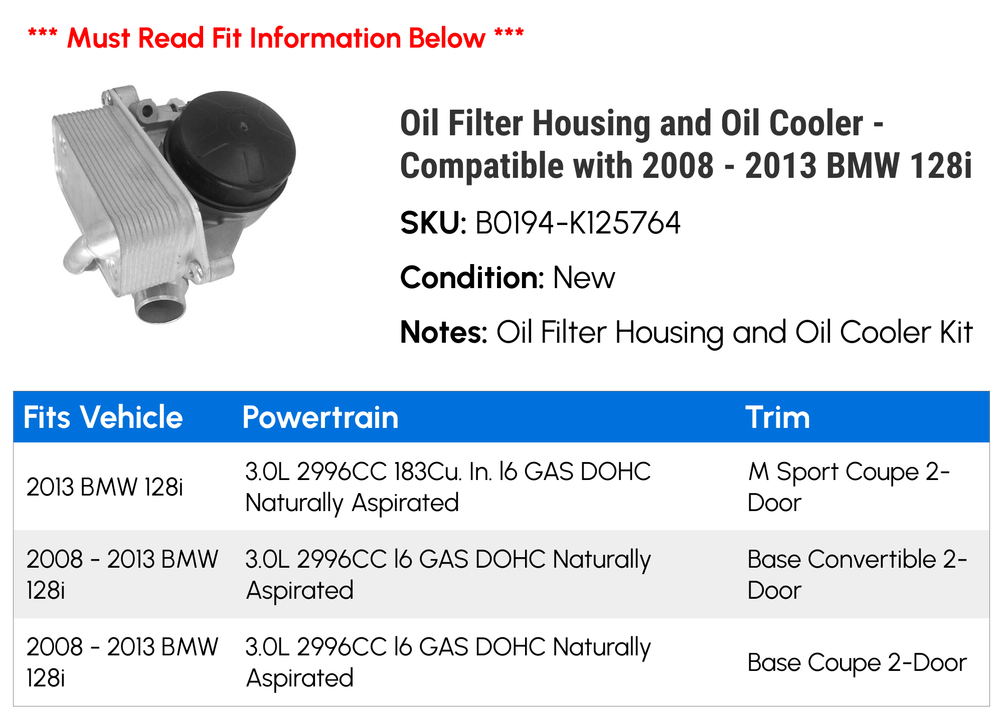 Oil Filter Housing and Oil Cooler - Compatible with 2008 - 2013 BMW 128i - Replacement