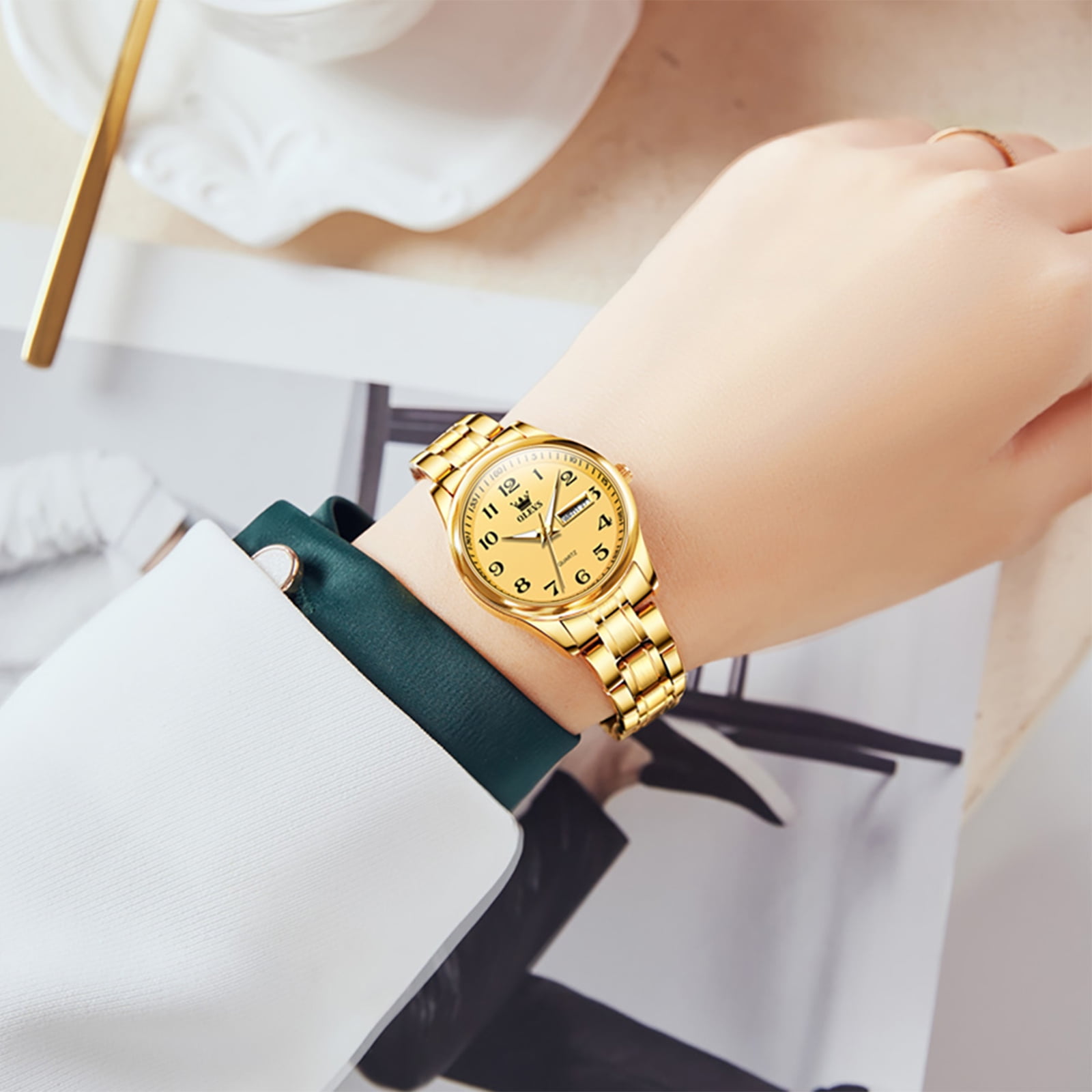 OLEVS Watches for Women Business Dress Two Tone Gold Plated Stainless Steel Analog Quartz Digital Date Waterproof Luminous Ladies Wrist Watches Relojes para Mujer