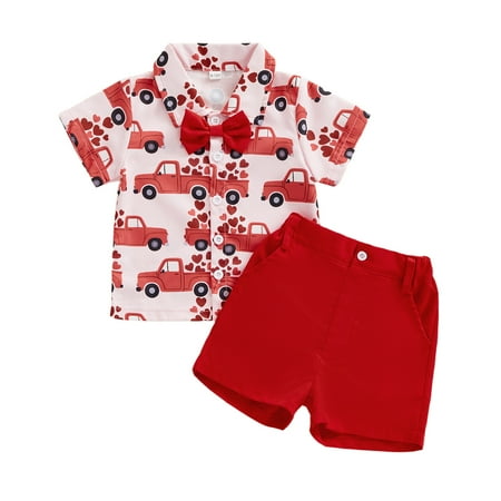 Gibobby Toddler Boys Toddler Boys Outfits Cartoon Print Shirt and Shorts Set Summer 2Pc Clothes Sets Newborn Boy Summer Outfits 2PC(6-12 Months Watermelon Red)