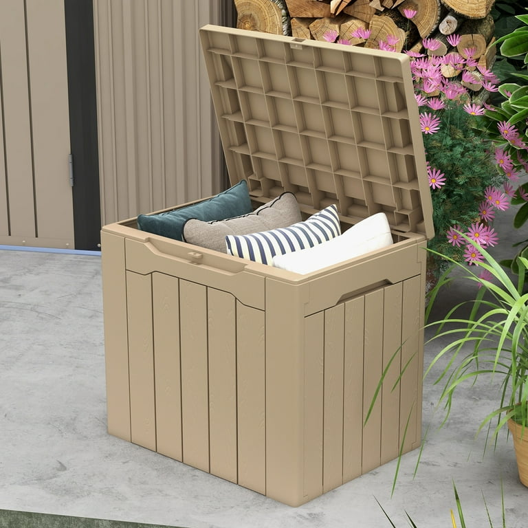Patiowell 32 Gal. Wood-Grain Deck Box with Seat, Outdoor Lockable