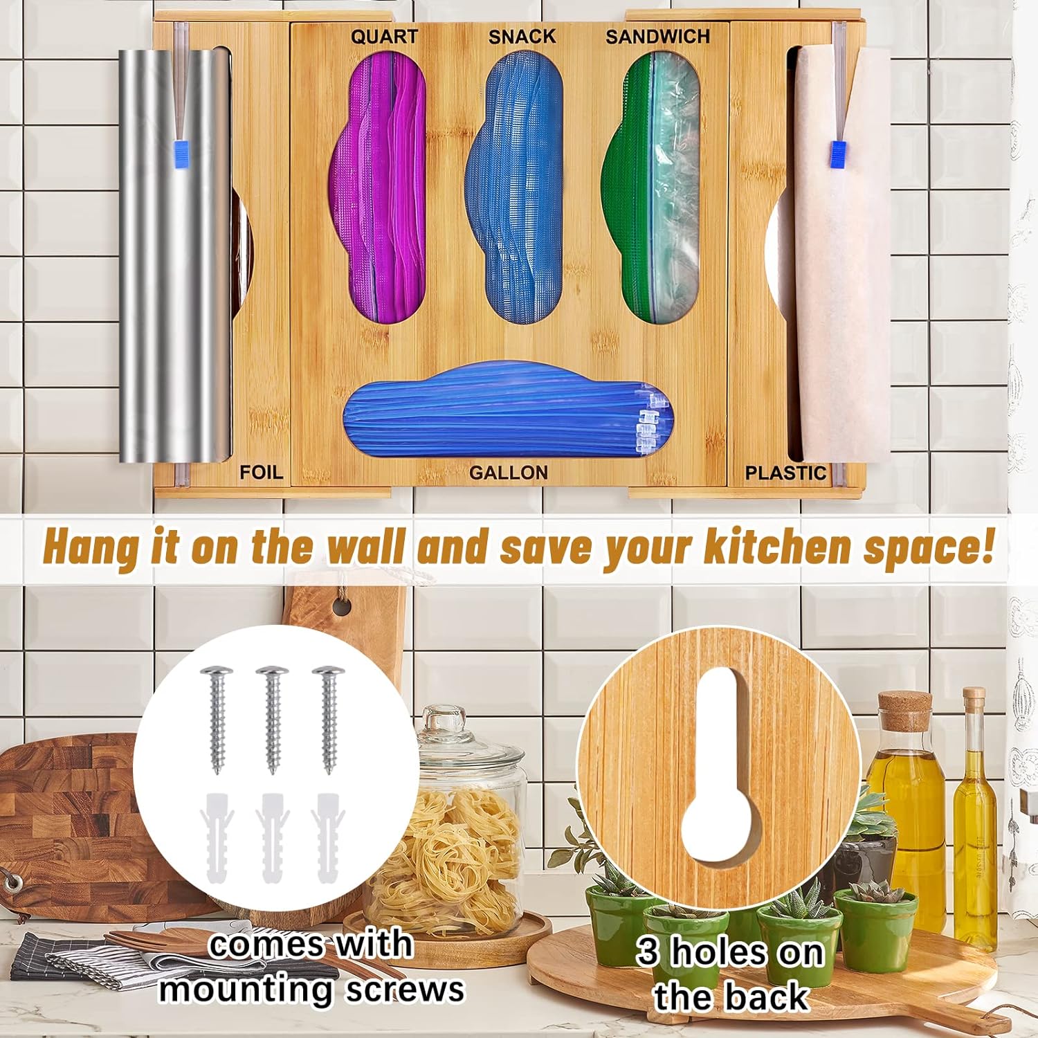 Bamboo Ziplock Bag Storage Organizer for Kitchen Drawer, Foil and Plastic Wrap Dispenser with Cutter, Food Plastic Baggie Holder for Gallon, Quart, Sandwich, Snack, Fit for Wall Hanging