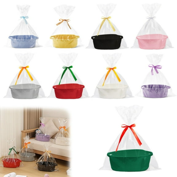 Small Basket With Gift Bag and Ribbons 12"X 8" X 5" Cute Small Woven Basket Rope Shelf Toys Storage Basket With Handle Decorative Empty Gift Basket
