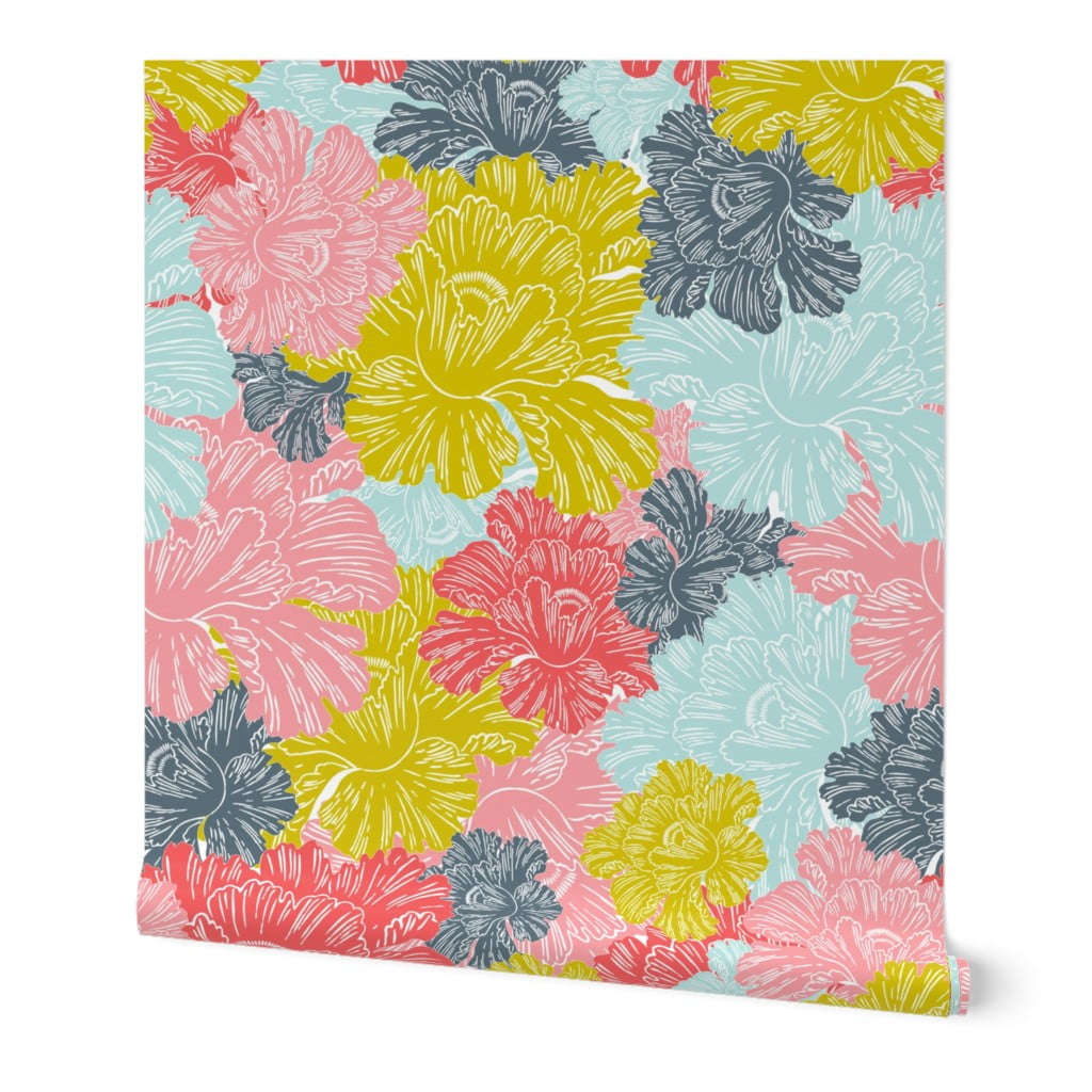Removable Water-Activated Wallpaper Flowers Retro Flower Floral Bold Tropical