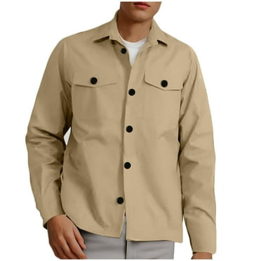Leesechin Men Pocket Button Flip Collar Solid Color Jacket Shirt Casual Loose Coat