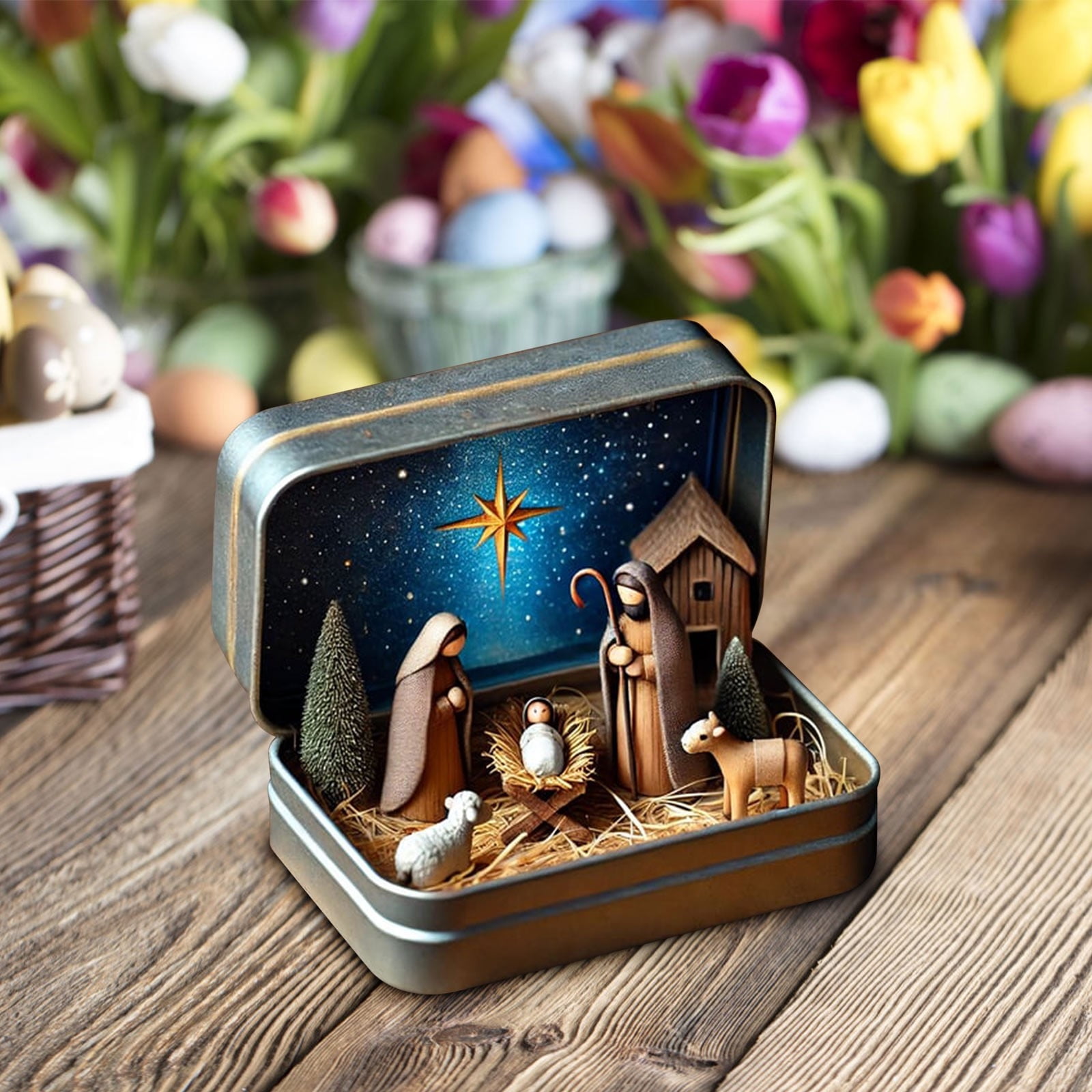 Nativity Scene Set Portable Christmas Decor Religious Tabletop Ornament Complete Holy Family Figures and Ready-To-Display Tin Box for Shelf Display Office Desk and Travel Carry