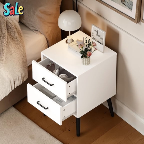 GZXS 2-Drawer Nightstand, Modern White MDF Bedside Table with Black Metal Legs & Handles, for Bedroom, Living Room, Small Apartment