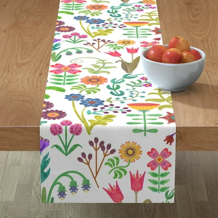 

Cotton Sateen Table Runner 90 - Swedish Folk Art Pattern Floral Watercolor Botanical Garden Nature Colorful Spring Nursery Print Custom Table Linens by Spoonflower