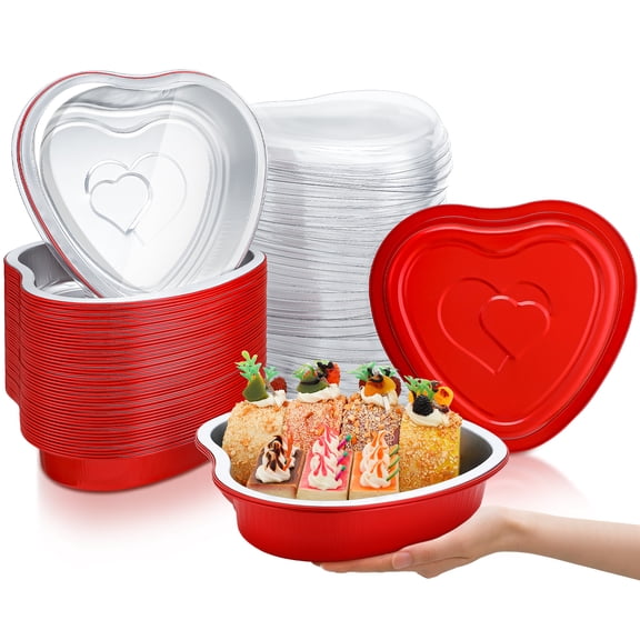 50 Pack Heart Shaped Cake Pans with Lids, 23oz Disposable Aluminum Foil Mini Cake Pans Cupcake Pans Flan Pan Dessert Baking Cup for Weddings Valentine Mother's Day Birthday Party Xmas