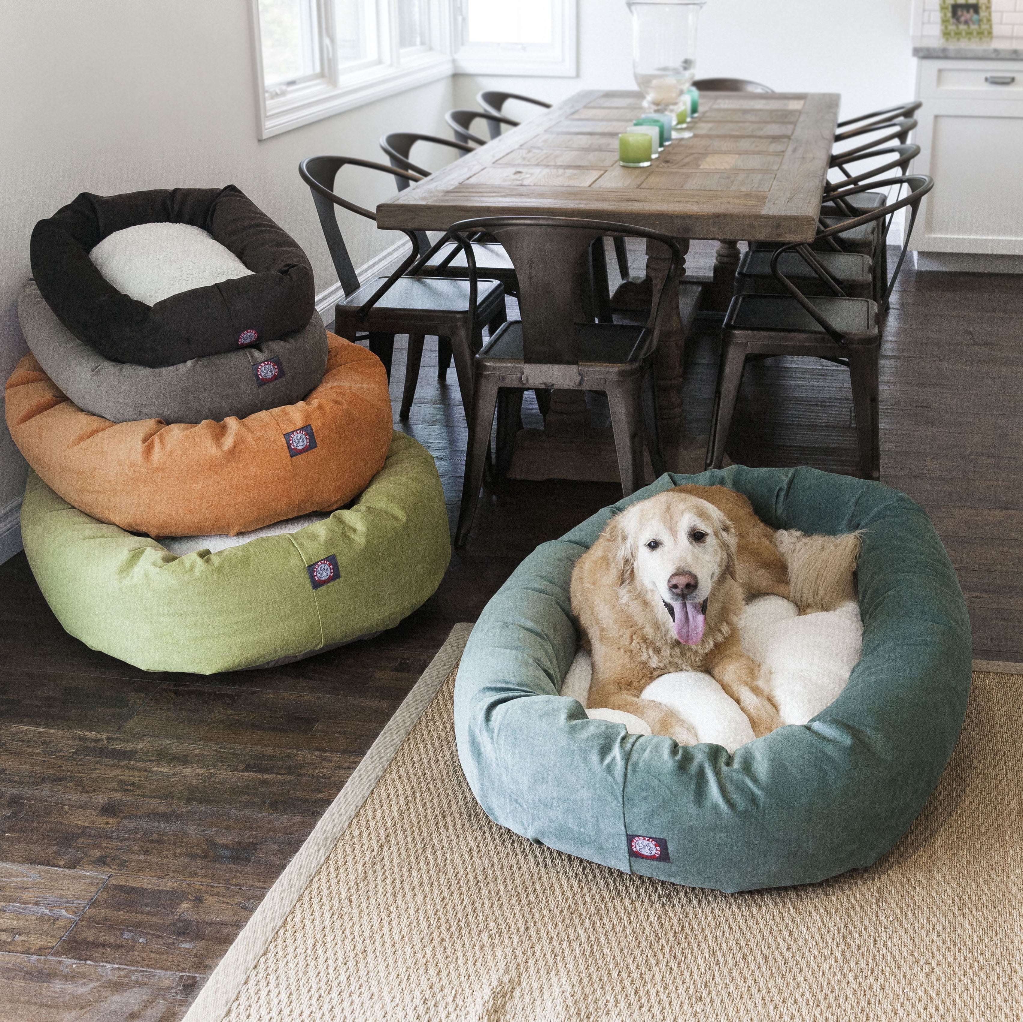 Majestic Pet Sherpa Villa Velvet Bagel Pet Bed for Dogs, Calming Dog Bed Washable, Large, Marine