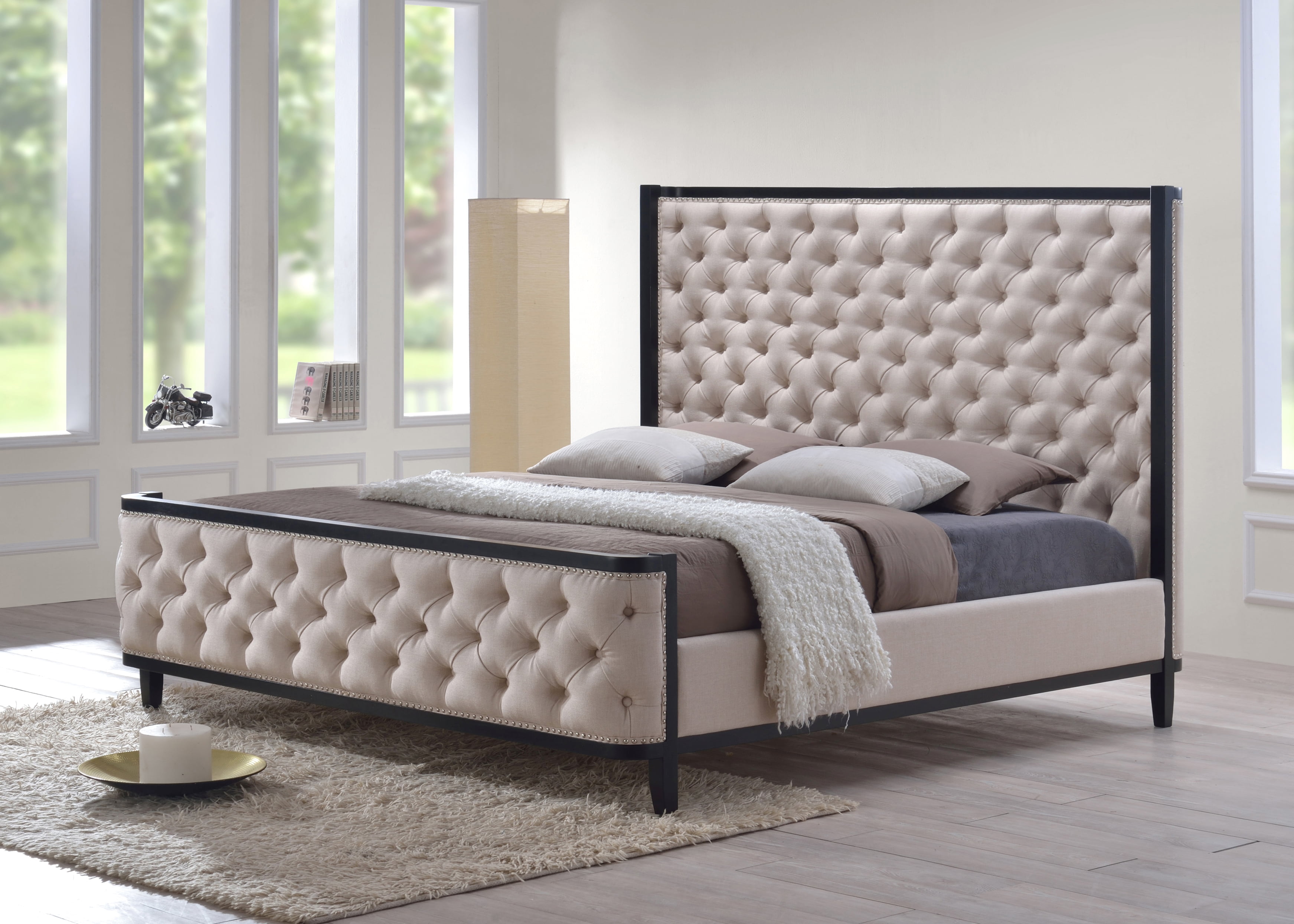 Luxeo Kensington King Size Tufted Upholstered Bed With Eco Friendly Wood Frame In Custard Fabric 