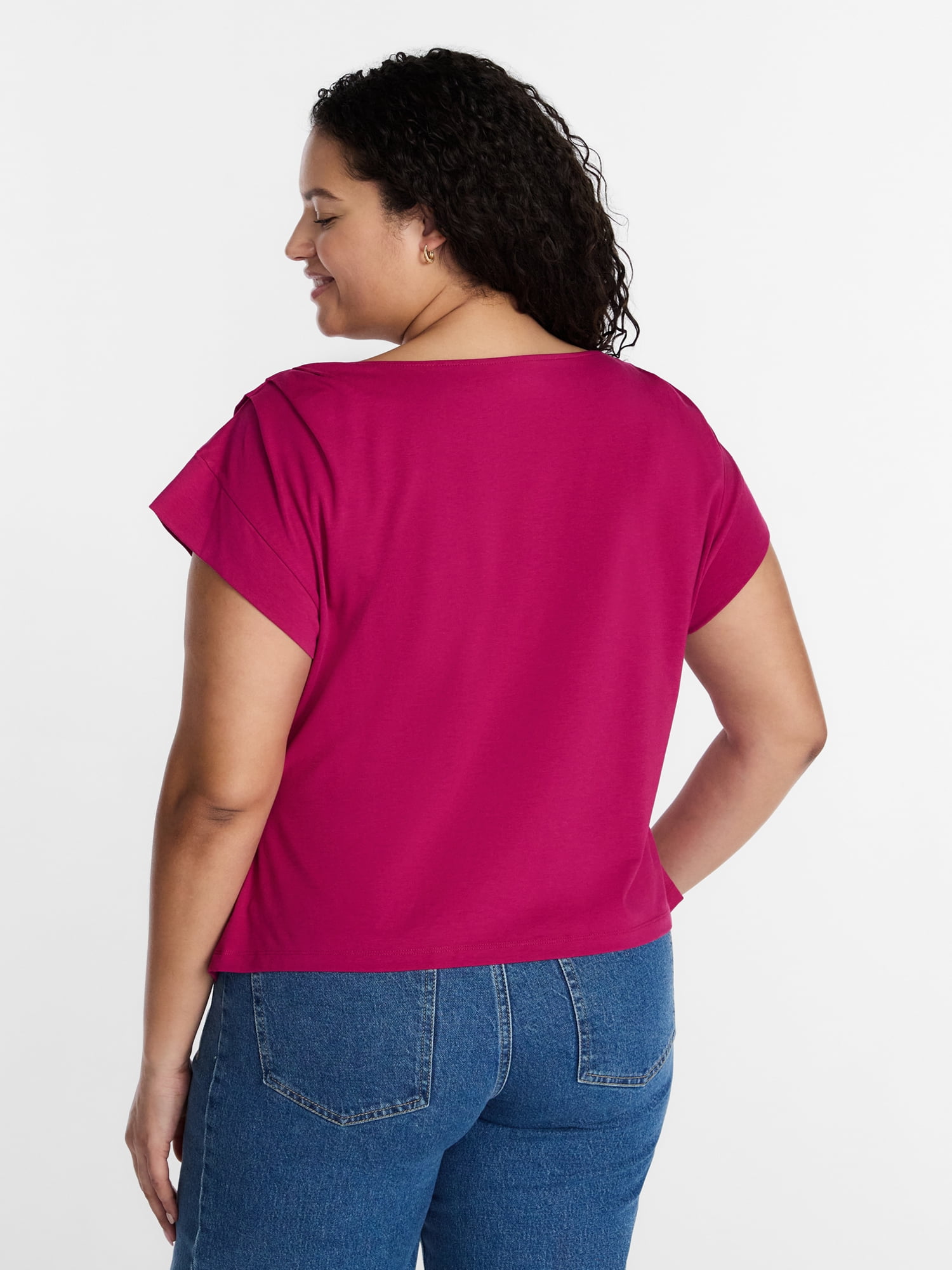 Terra & Sky Women’s Plus Pleated Shoulder Top with Short Sleeve, Size 0X-5X