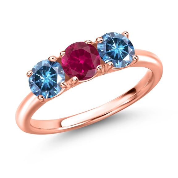 Gem Stone King 18K Rose Gold Plated Silver Red Created Ruby and Persian Blue Moissanite Engagement Ring for Women | 1.60 Cttw | Round 5MM | Gemstone July Birthstone | Size 6