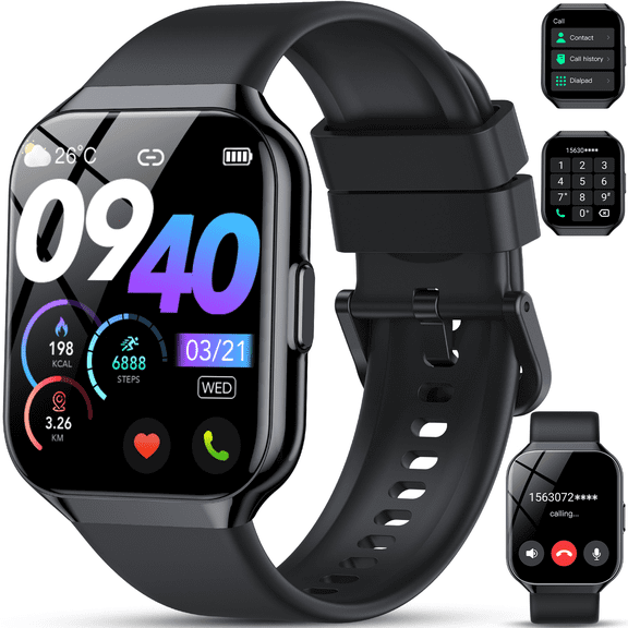 Smart Watch, QCOQ 1.96" TFT-LCD Smartwatch for Men Women IP68 Waterproof, 110 Sport Modes, Fitness Activity Tracker, Heart Rate Monitor Sleep Step Counter for Android iPhone, Black