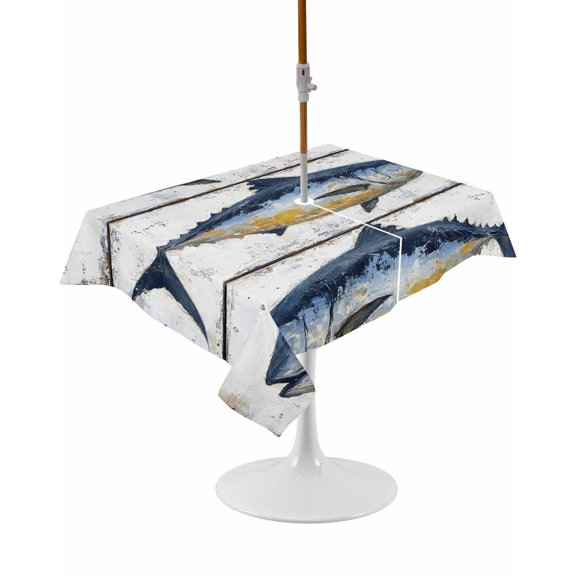 Outdoor Table Cloth with Umbrella Hole and Zipper, Retro Fish Coastal Waterproof Rectangle Tablecloth 60"x102", Vintage Summer Beach Nautical Ocean Washable Table Cover for Outside Party Patio Picnic
