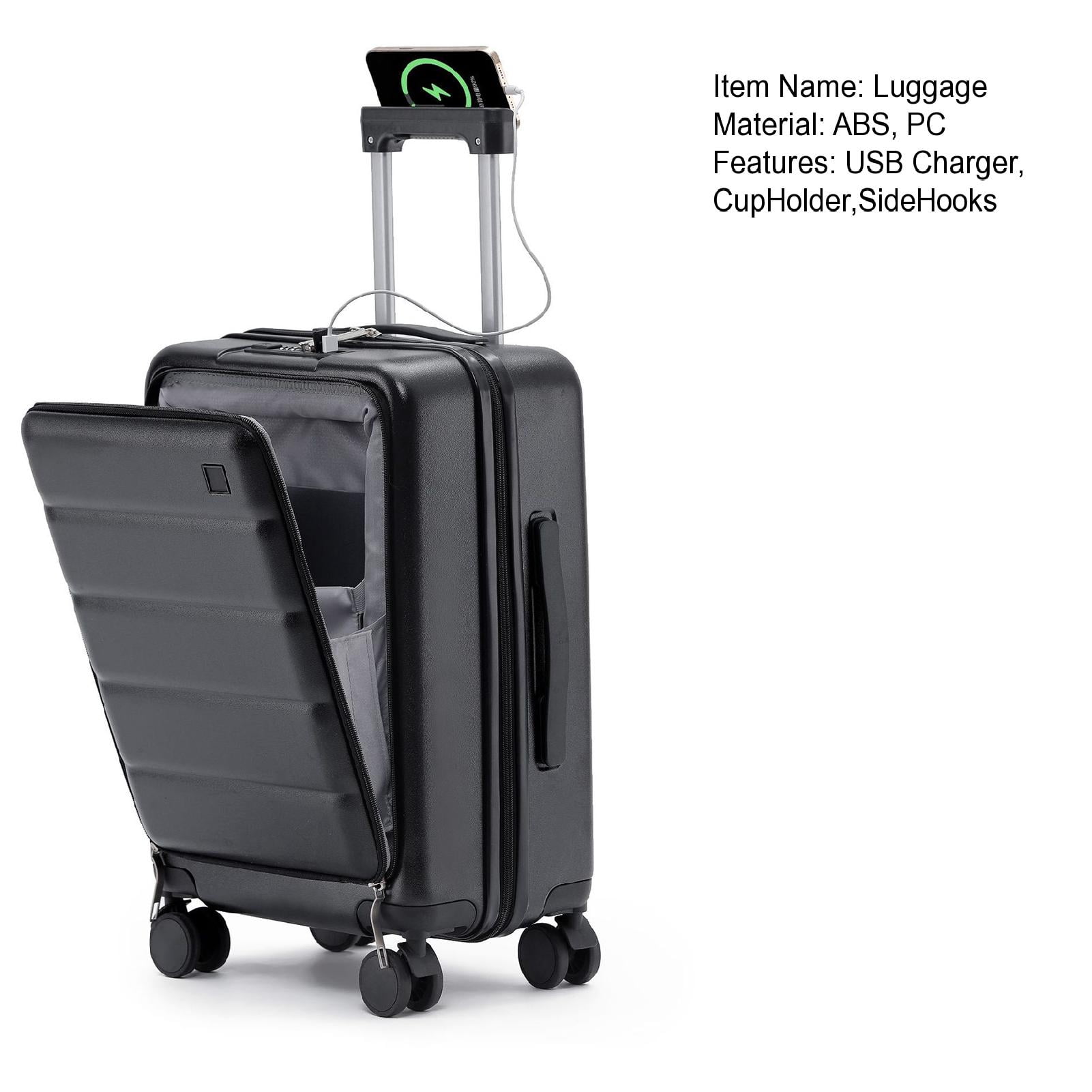 20 Inch Carry-On Luggage with Front Laptop Pocket, USB Charger Port & Cup Holder, 360 Degrees Spinner Wheels, Side Hook, Phone Stand , TSA Lock, Airline Approved Hard Shell Suitcase