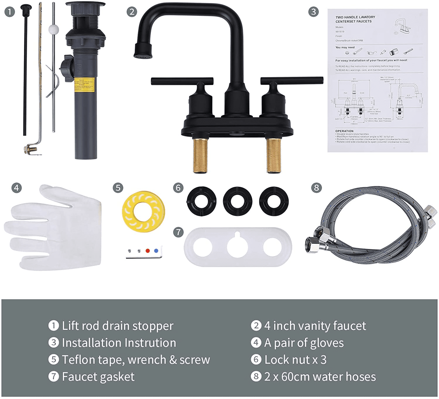 Wowow Centerset 4 in. 2-Handle High-Arc Bathroom Faucet with Drain and Supply line, Matte Black