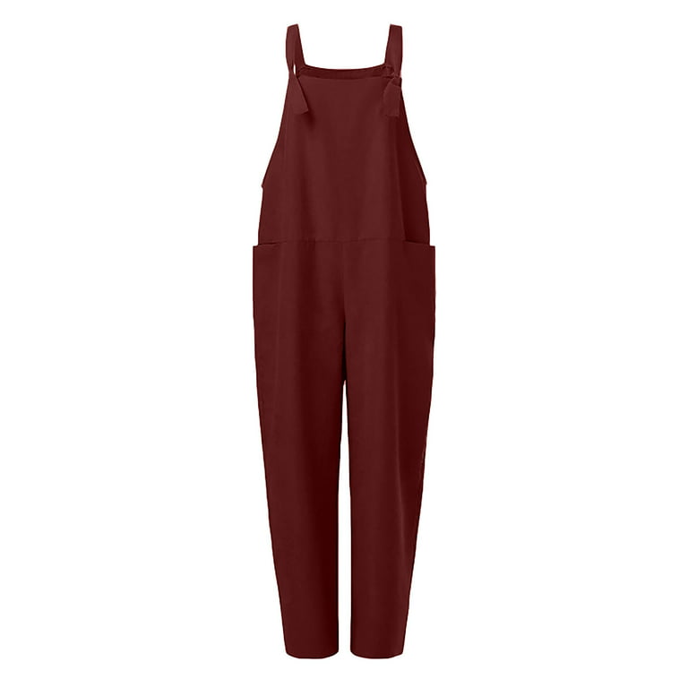 RQYYD Reduced Cotton Linen Overalls for Women's Summer Plus Size Jumpsuit  Casual Adjustable Strap Loose Rompers Tie Knot Strap Pocket Wide Leg