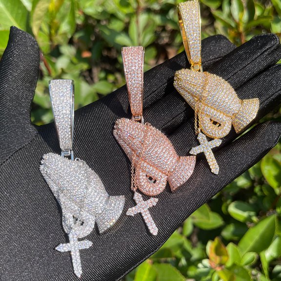 DUBSS Iced Out Pray Hands Cross Necklace for Men Real Gold Plated Cubic Zirconia Hip Hop Jewelry