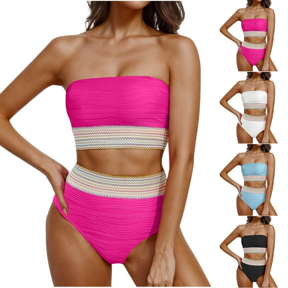 $15 & Under UTSJKR High Waisted Bandeau Bikini Set - Women Strapless Two Piece Swimsuits Ribbed Longline Full Coverage Bathing Suits Swimwear Hot Pink XL