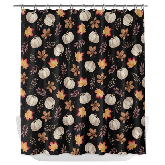 White Pumpkins Fall Shower Curtain - Water Repellent Fabric Shower Curtains Washable, Thanksgiving Maple Leaves Black Decorative Polyester Cloth Bathroom Curtains Modern Bath Decor 72"x84"