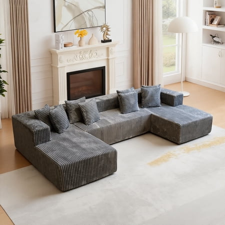 Kelyda 132 Inch Modular Sectional Sleeper Sofa, Modern U Shaped Fuax Fur Boneless Cloud Couch for Living Room Grey