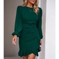 thumbnail image 6 of Women's Long Sleeves Dress Zipper Bodycon Mini Dress Ruffle Hem Round Neck Cocktail, 6 of 8