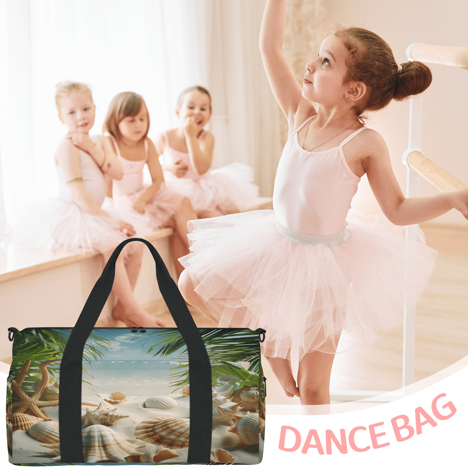 Herdesigns Ocean Beach Seashell Palm Tree Gym Bag for Women, Duffle Bag for Travel Sport, Lightweight Waterproof Carry on Weekender Overnight Dance Yoga Workout Bags
