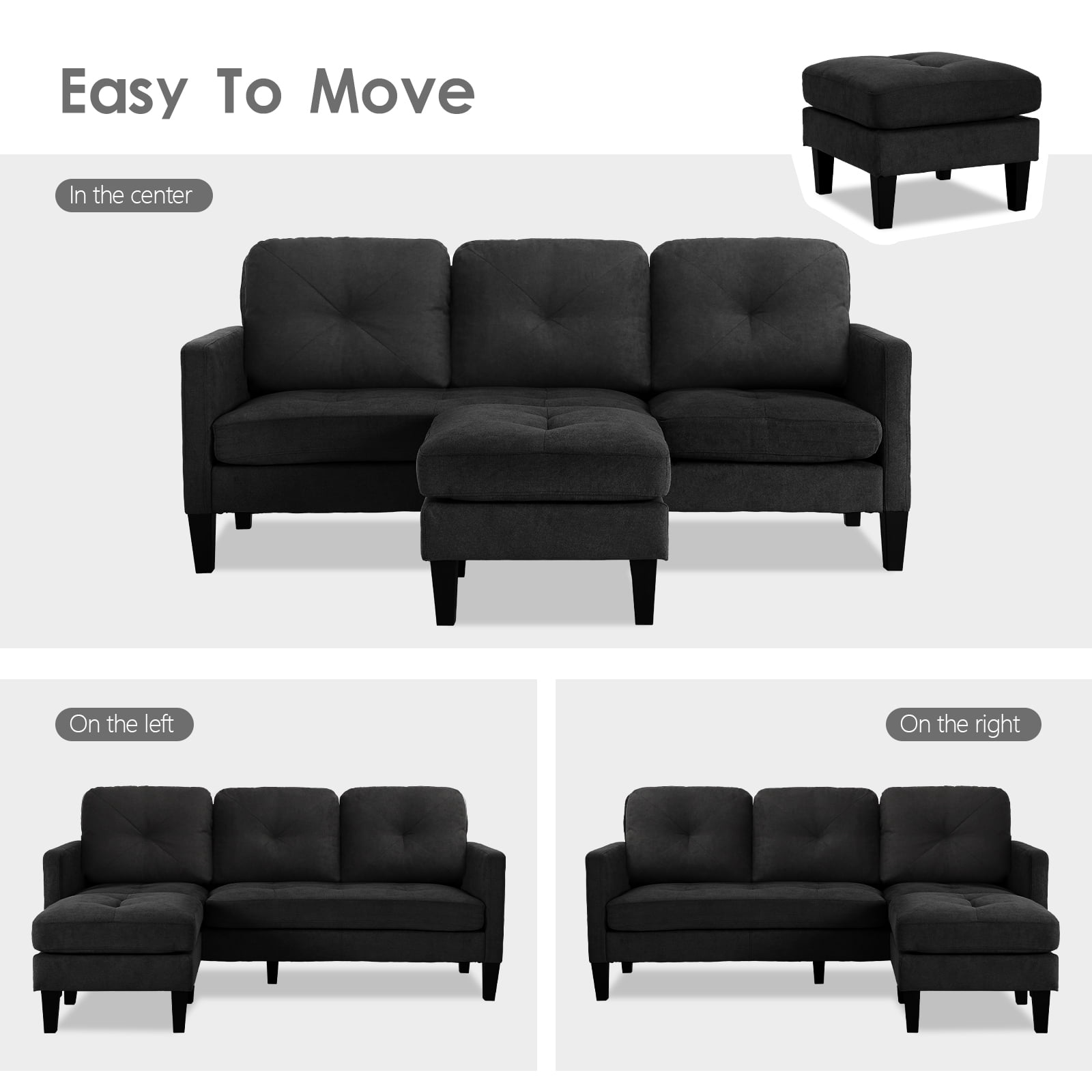 Haverchair Modern Sectional Sofa Couch with Reversible Chaise L-Shaped Couch for Living Room,BLACK