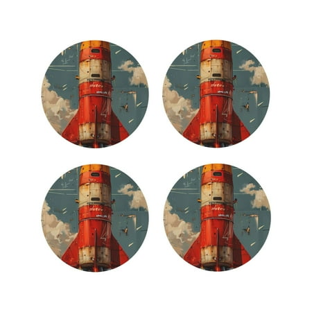 

Fuzoiu Rusty Rocket Launch Print Leather Coasters Set Drink Coasters Set of 4 for Tabletop Protection Durable PVC Coasters Home Décor and Housewarming Gift-Round Shape