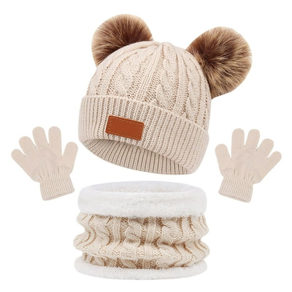 Glisme Children'S Hats Scarves Gloves Set Autumn And Winter Warm Colored Double Ball Baby Hats For Outdoor Cycling Beige