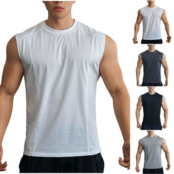 UVEASISHA Athletic Tank Tops for Men Undershirt Cut off Sleeveless Muscle Shirts Crewneck Casual Gym Workout Tanks Solid Color Running Shirt White XL