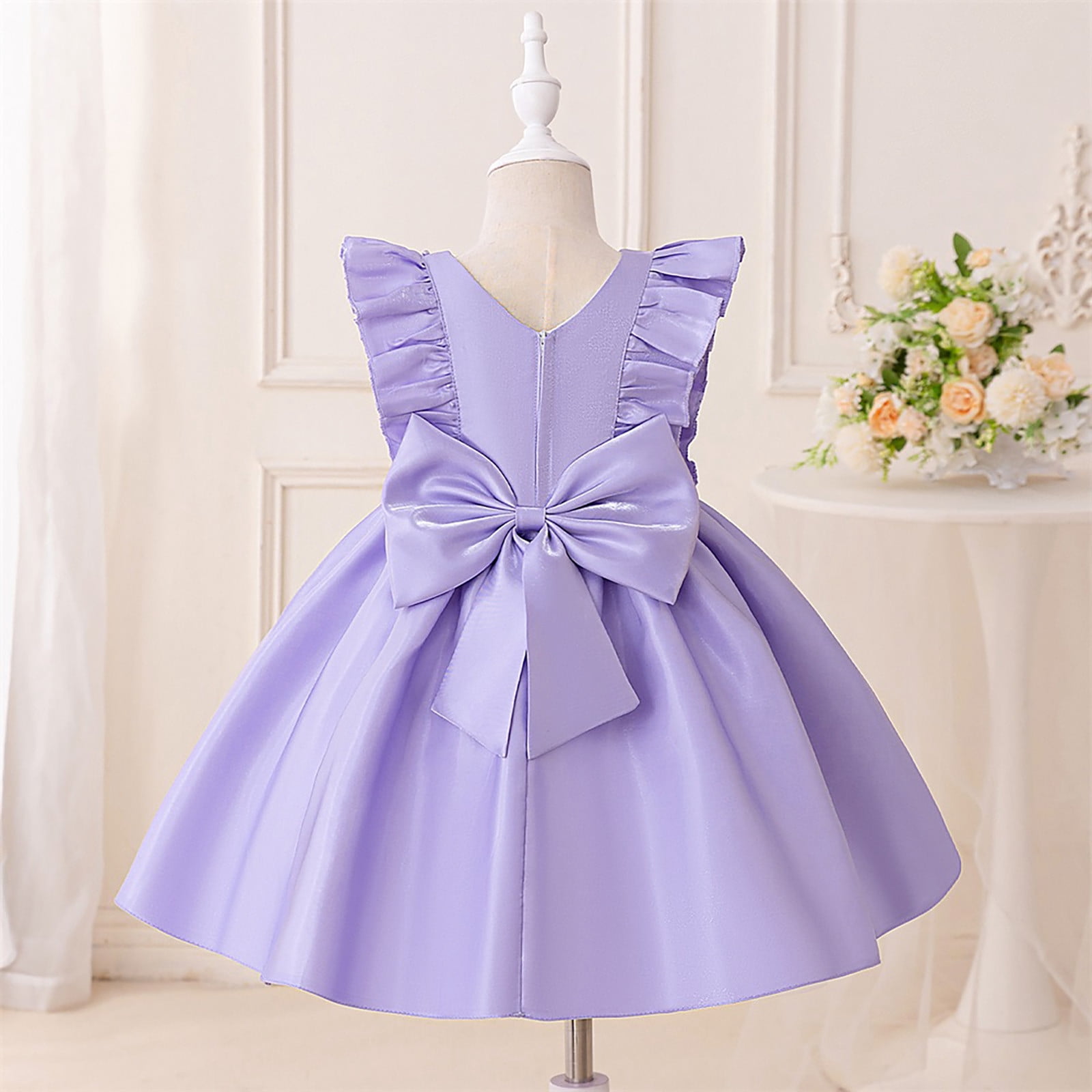 Wdgfv Girls Flutter Sleeve Beaded Dress Casual Party Wear Toddler Kids School Outdoor Comfortable Stylish Outfit Purple 3-4 Years