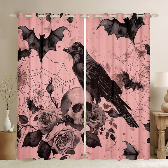 Manfei Gothic Black Crow Black Out Curtains for Kids, Halloween Skeleton Skull Curtains Pack of 2 (42x63 Each), Romantic Flower Bedroom Curtains, Window Curtains Room Decor