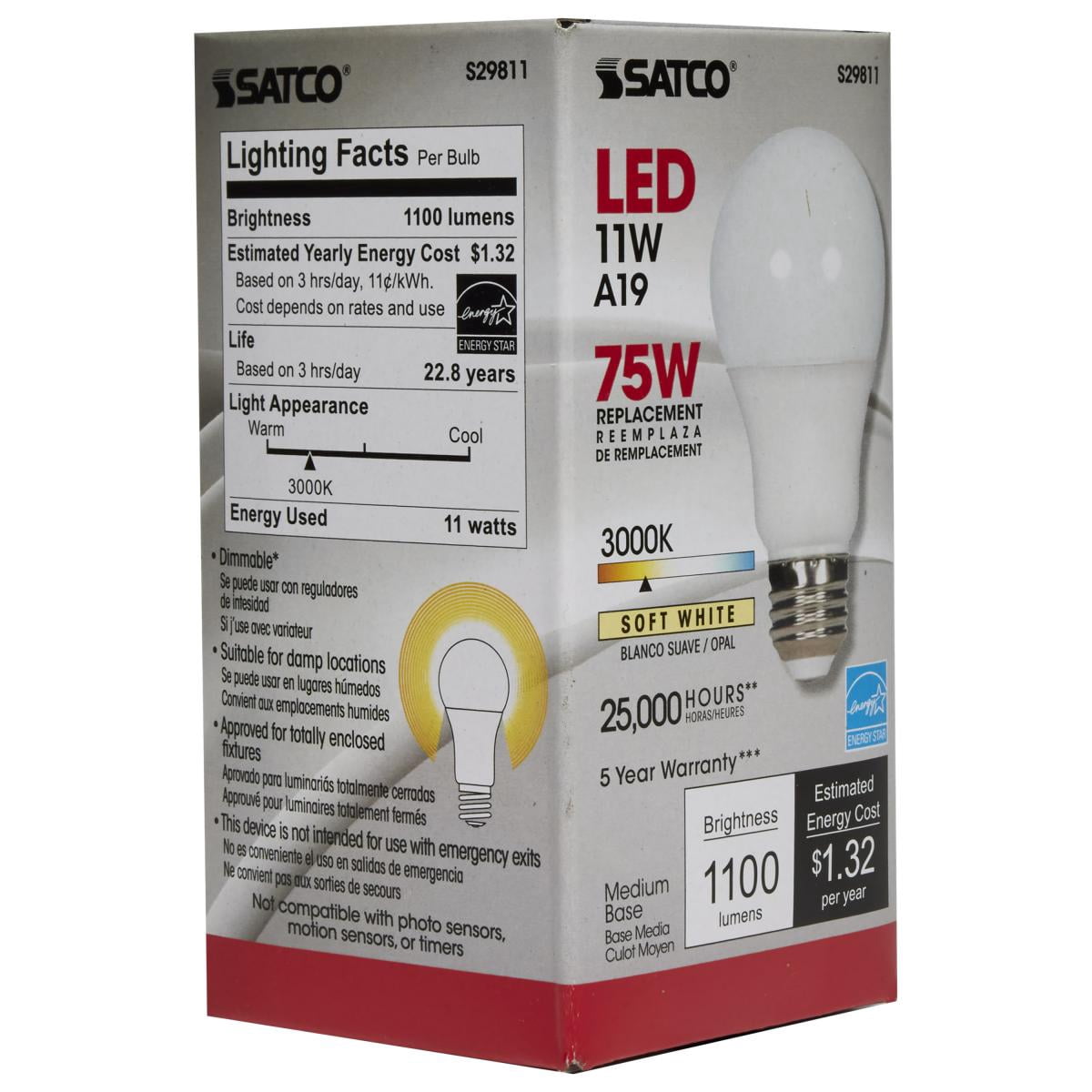 11 Watt - A19 LED - 3000K - Medium base - 220 deg. Beam Angle - 120 Volt - 6-Pack.Color:Frost,Case QTY:6