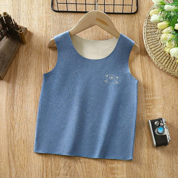 Spazoro Little Girls Tank Tops Undershirts, with Thickened Fleece Sleeveless Breathable 100%Cotton Bear Camisole for Kids Girls Boys Blue Size 8 T
