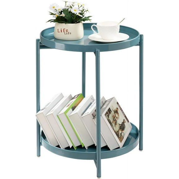 2 Tier Round Side Table, Folding Round Metal End Table Small Nightstand with Two Removable Tray for Bedroom Living Room Bedside Small Spaces Blue Gray