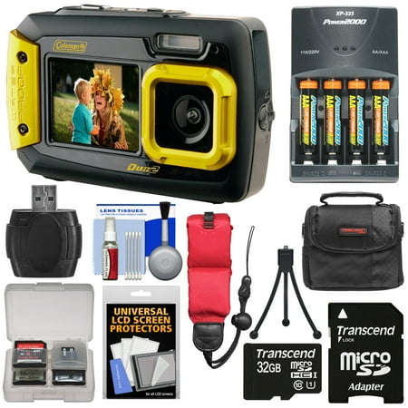 Coleman Duo 2V9WP Dual Screen Shock & Waterproof Digital Camera (Yellow) with 32GB Card + Batteries & Charger + Case + Float Strap + Kit