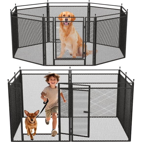 Petorldog Dog Fence with Safety Mesh, 40" Height 7 Panels Including 1 Gate, Metal Dog Playpen Indoor Outdoor, Portable Dog Fence for Yard, Camping & RV | Black-Silver