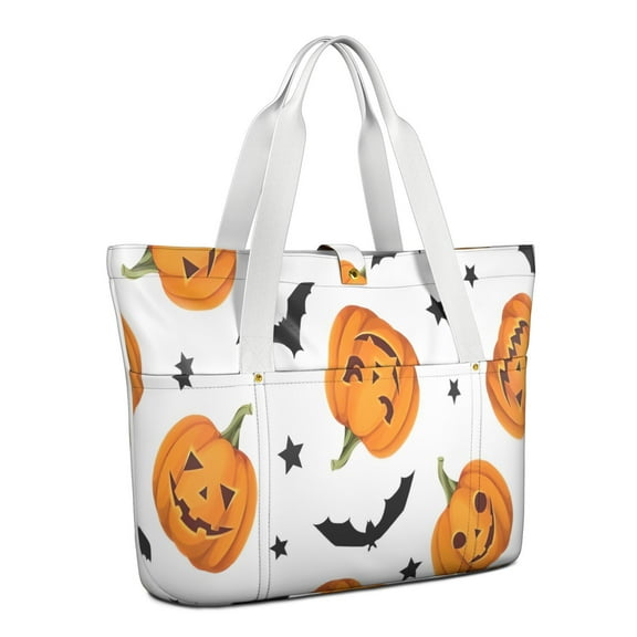Tote Bag for Women - Halloween Pumpkins Bats and Stars Shoulder Bag - Large Utility Work Duffle Bag with Zipper Handbag for Travel, Work, Sprots