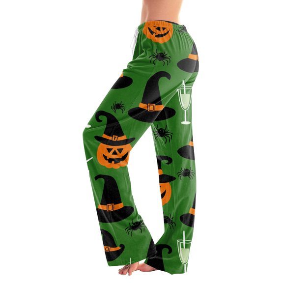 Halloween Pajama Pants for Women, Spooky Ghost & Pumpkin Graphic Lounge Bottoms with Adjustable Drawstring Waist, Soft Relaxed Fit Sleep Trousers, 1 Pair Dark Green L