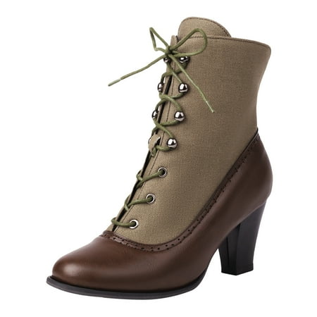 DVKOVI Cute Womens Shoes Ankle Cowgirl Boots Women s Boots Autumn and Winter Color Matching Tie Up Middle Heel Short Boots Short Cowgirl Boots for Women Brown 41