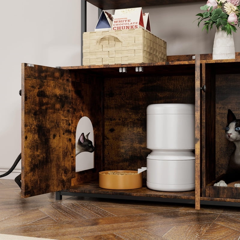TROPOW 52" Large Cat Litter Box Enclosure Furniture with Shelves, Wood Grain Hidden Cabinet for Most Litter Boxes, Dog-Proof Kitty Litter Cabinet with Scratch Mat, Modern Pet Furniture