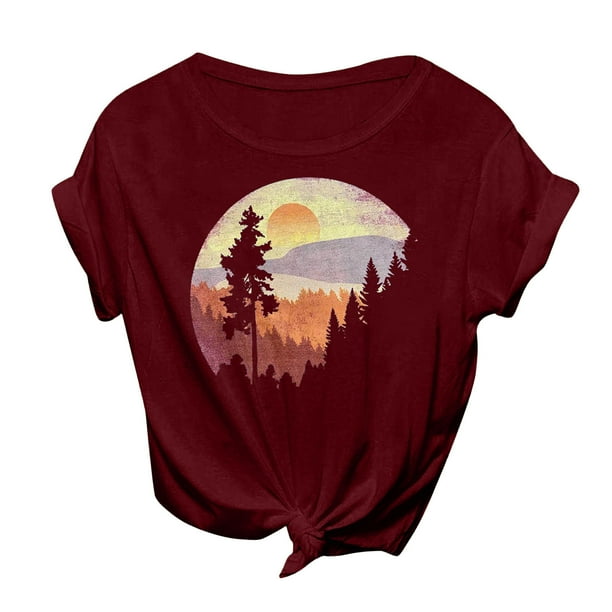 Gibobby Camisetas Mujer Baratas Manga Corta Mujeres Casual Vintage Sol Estampado Camping Estampado Color solido Manga corta Camiseta Top Blusa Vino CH Walmart en linea