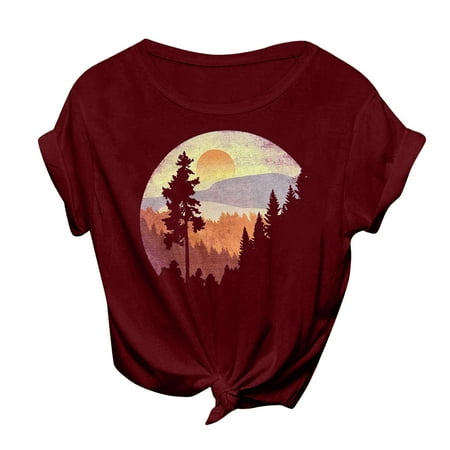 

nsendm Short Sleeve Scrub Jackets Women Casual Vintage Sun Print Camping Print Solid Color Womens Casual Work Tops Women Shirt Wine XX-Large