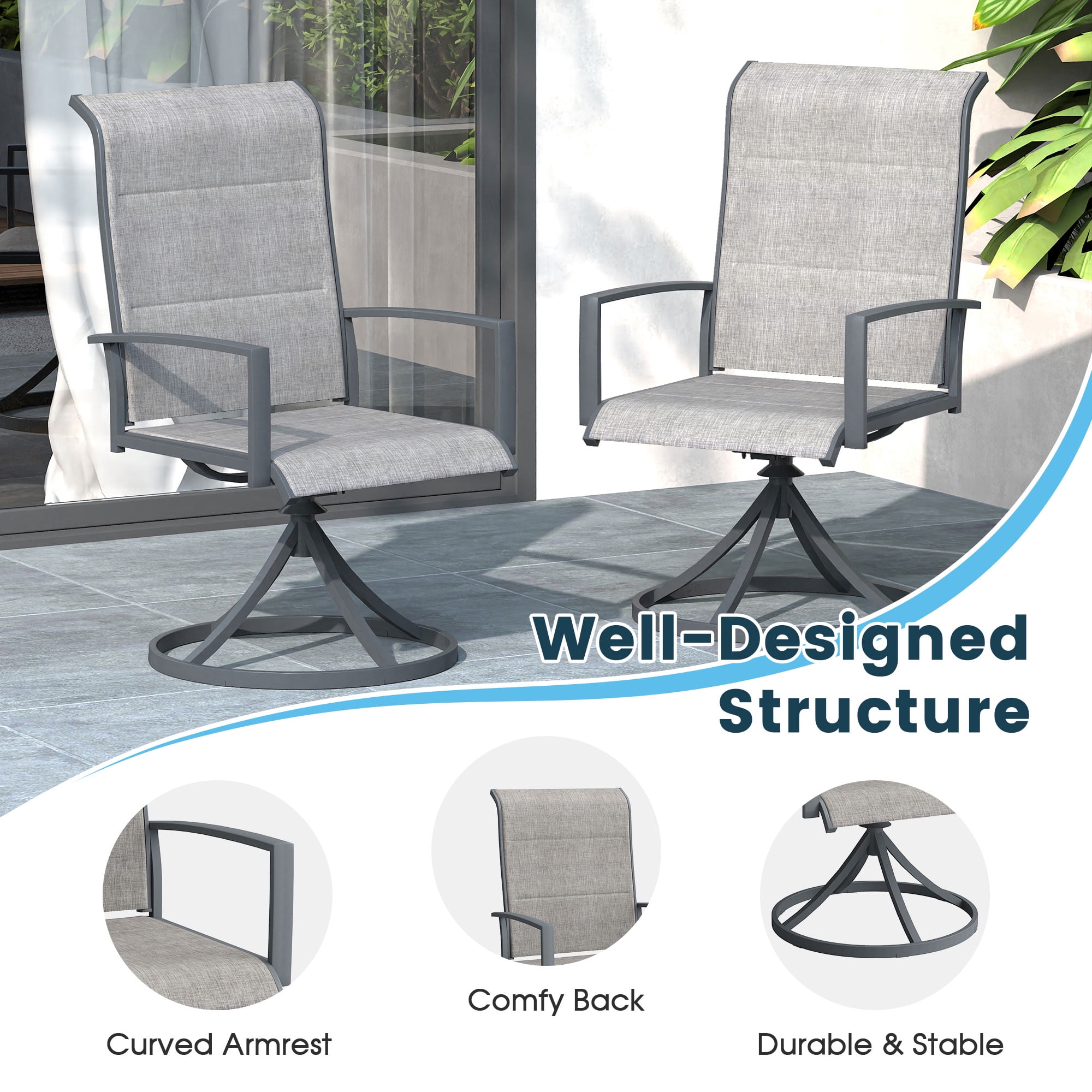 Vicllax Outdoor Dining Chair Patio Swivel Chairs Padded Textilene Fabric Metal Frame Set of 6 Gray