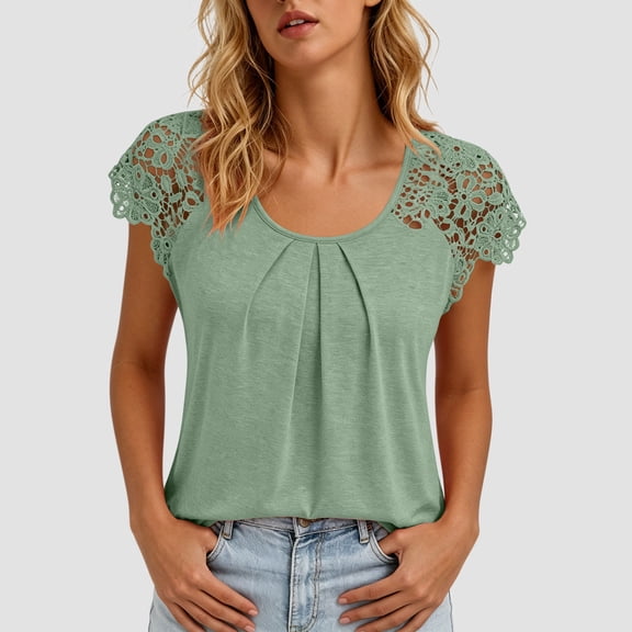 QUNYINEY Tee Shirts for Women Summer Short Sleeve Solid Cotton Shirt Crew Neck Lace Pleated Pullover Relaxed Fit Tops