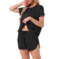 thumbnail image 4 of INSPIRE CHIC Womens Satin Silky Pajama Set Short Sleeve Crew Neck Front Pocket Top and Drawstring Shorts Sleepwear S Black, 4 of 5