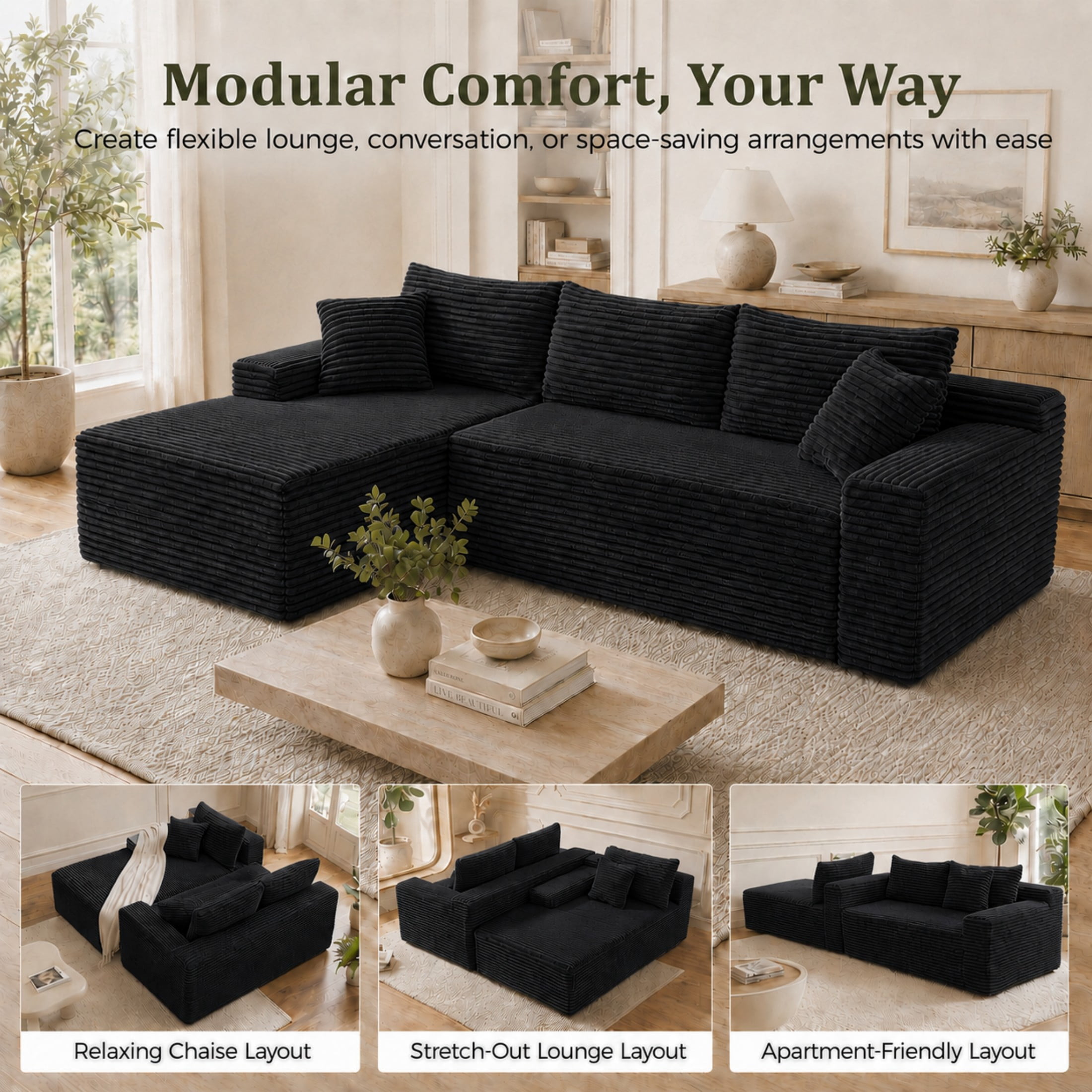 Aenkyo 106 Inch Corduroy L-Shaped Cloud Sectional Sofa with Reversible Chaise, Black